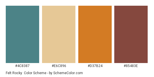 Felt Rocky - Color scheme palette thumbnail - #4C8387 #E6C896 #D37B24 #85483E 