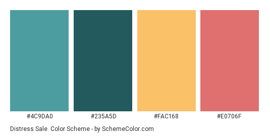 Distress Sale - Color scheme palette thumbnail - #4C9DA0 #235A5D #FAC168 #E0706F 