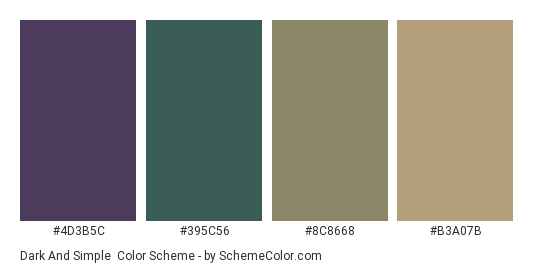 Dark and Simple - Color scheme palette thumbnail - #4D3B5C #395C56 #8C8668 #B3A07B 