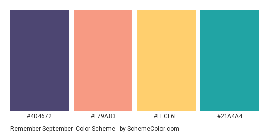 Remember September - Color scheme palette thumbnail - #4D4672 #F79A83 #FFCF6E #21A4A4 