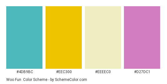 Woo Fun - Color scheme palette thumbnail - #4DB9BC #EEC300 #EEEEC0 #D27DC1 