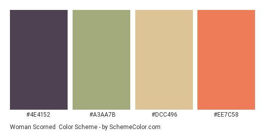 Woman Scorned - Color scheme palette thumbnail - #4E4152 #A3AA7B #DCC496 #EE7C58 