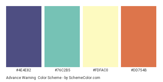 Advance Warning - Color scheme palette thumbnail - #4E4E82 #76C2B5 #FDFAC0 #DD754B 