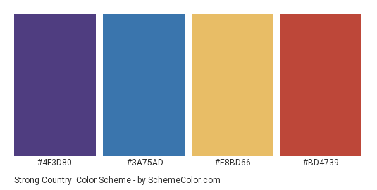 Strong Country - Color scheme palette thumbnail - #4F3D80 #3A75AD #E8BD66 #BD4739 