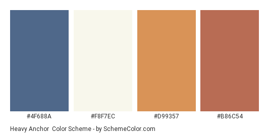 Heavy Anchor - Color scheme palette thumbnail - #4F688A #F8F7EC #D99357 #B86C54 