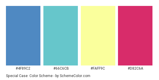 Special Case - Color scheme palette thumbnail - #4F89C2 #66C6CB #FAFF9C #D82C6A 