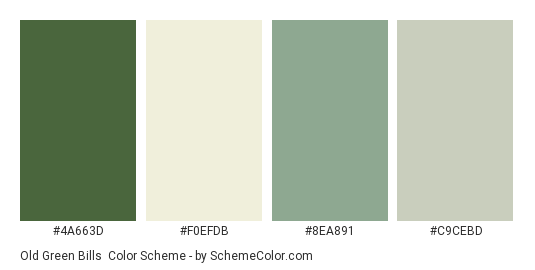 Old Green Bills - Color scheme palette thumbnail - #4a663d #f0efdb #8ea891 #c9cebd 