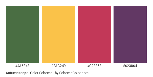Autumnscape - Color scheme palette thumbnail - #4a6e43 #fac249 #c23858 #623864 
