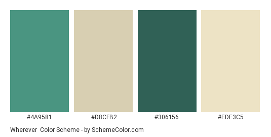 Wherever - Color scheme palette thumbnail - #4a9581 #d8cfb2 #306156 #ede3c5 