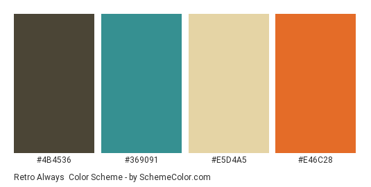 Retro Always - Color scheme palette thumbnail - #4b4536 #369091 #e5d4a5 #e46c28 