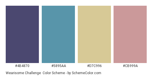 Wearisome Challenge - Color scheme palette thumbnail - #4b4870 #5895aa #d7c996 #cb999a 