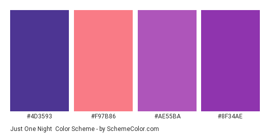 Just One Night - Color scheme palette thumbnail - #4d3593 #f97b86 #ae55ba #8f34ae 