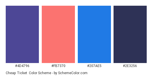Cheap Ticket - Color scheme palette thumbnail - #4d4796 #fb7370 #207ae5 #2e3256 