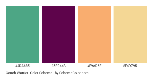 Couch Warrior - Color scheme palette thumbnail - #4da685 #5e044b #f9ad6f #f4d795 