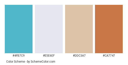 Mosaic Matrix - Color scheme palette thumbnail - #4fb7c9 #e5e6ef #ddc3a7 #ca7747 