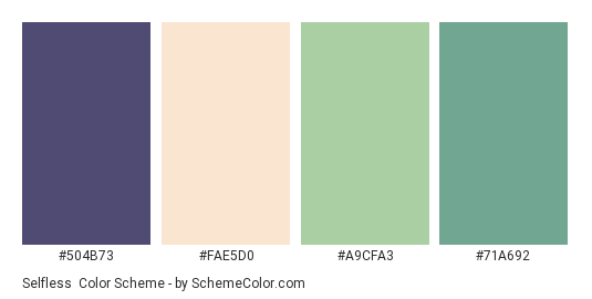 Selfless - Color scheme palette thumbnail - #504B73 #FAE5D0 #A9CFA3 #71A692 