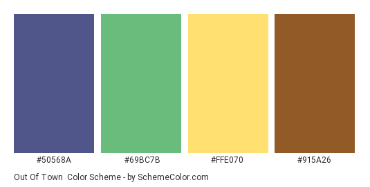Out of Town - Color scheme palette thumbnail - #50568A #69BC7B #FFE070 #915A26 