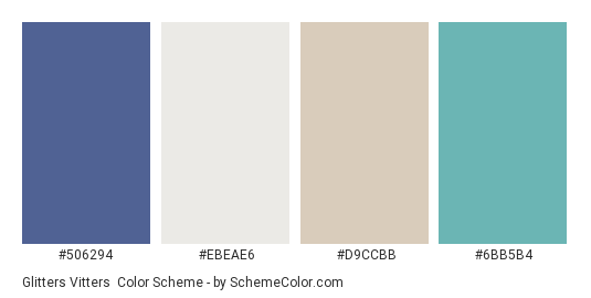 Glitters Vitters - Color scheme palette thumbnail - #506294 #EBEAE6 #D9CCBB #6BB5B4 