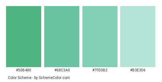Green Poison Arrow Frog - Color scheme palette thumbnail - #50b480 #68c3a0 #7fd0b2 #b3e3d6 