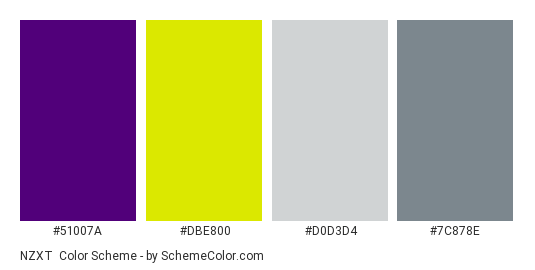NZXT - Color scheme palette thumbnail - #51007a #dbe800 #d0d3d4 #7c878e 