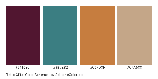 Retro Gifts - Color scheme palette thumbnail - #511630 #3b7e82 #c67d3f #c4a688 