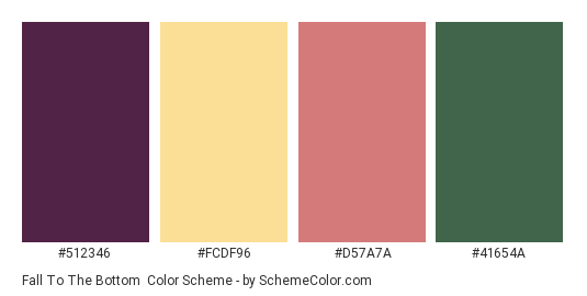 Fall to the Bottom - Color scheme palette thumbnail - #512346 #fcdf96 #d57a7a #41654a 