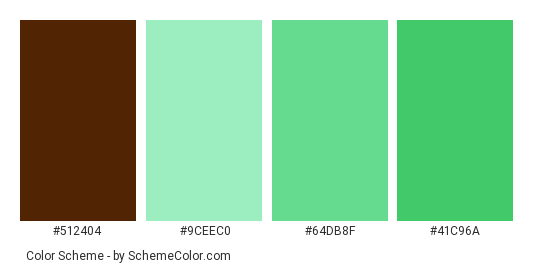 Green Cream Cupcakes - Color scheme palette thumbnail - #512404 #9ceec0 #64db8f #41c96a 