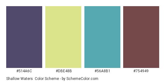 Shallow Waters - Color scheme palette thumbnail - #514A6C #DBE48B #56A8B1 #754949 
