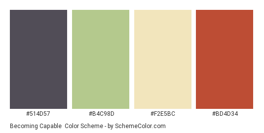 Becoming Capable - Color scheme palette thumbnail - #514D57 #B4C98D #F2E5BC #BD4D34 