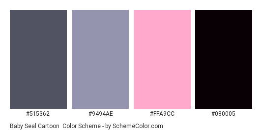 Baby Seal Cartoon - Color scheme palette thumbnail - #515362 #9494AE #FFA9CC #080005 