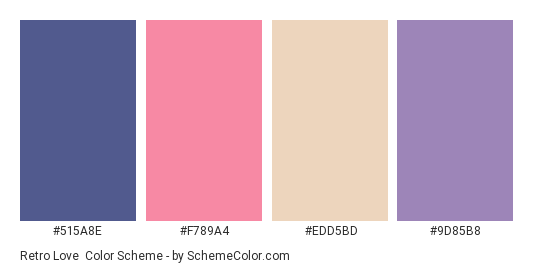 Retro Love - Color scheme palette thumbnail - #515A8E #F789A4 #EDD5BD #9D85B8 