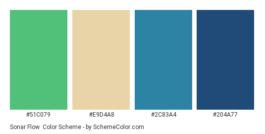 Sonar Flow - Color scheme palette thumbnail - #51C079 #E9D4A8 #2C83A4 #204A77 