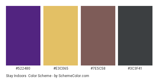 Stay Indoors - Color scheme palette thumbnail - #522480 #e3c065 #7e5c58 #3c3f41 