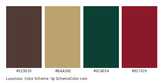 Luxurious - Color scheme palette thumbnail - #523B35 #BAA36E #0C4034 #8C1929 