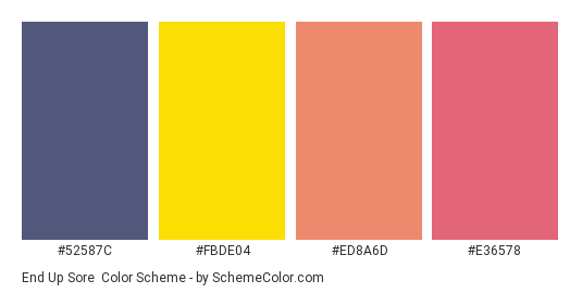 End up Sore - Color scheme palette thumbnail - #52587C #FBDE04 #ED8A6D #E36578 