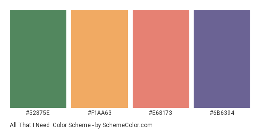 All That I Need - Color scheme palette thumbnail - #52875e #F1AA63 #E68173 #6B6394 