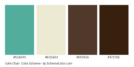 Cafe Chair - Color scheme palette thumbnail - #52AD9C #ecead2 #50392a #37210e 