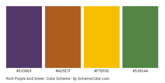 Rich Purple and Green - Color scheme palette thumbnail - #533869 #AD5E1F #F7BF00 #538544 