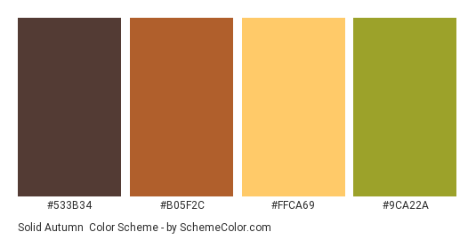 Solid Autumn - Color scheme palette thumbnail - #533B34 #B05F2C #FFCA69 #9CA22A 