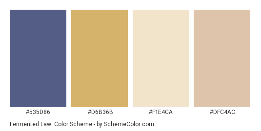 Fermented Law - Color scheme palette thumbnail - #535d86 #d6b36b #f1e4ca #dfc4ac 