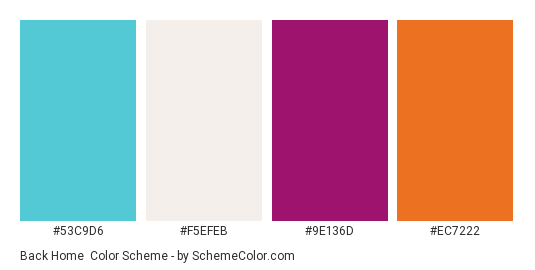 Back Home - Color scheme palette thumbnail - #53C9D6 #F5EFEB #9E136D #EC7222 