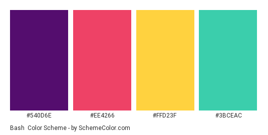 Bash - Color scheme palette thumbnail - #540d6e #ee4266 #ffd23f #3bceac 