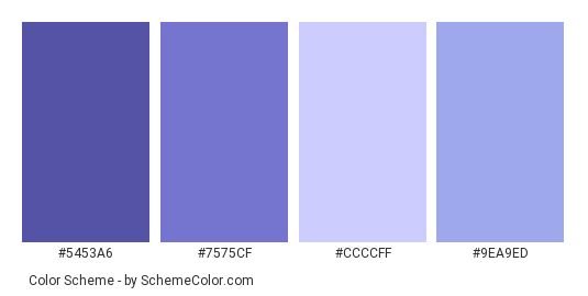 Periwinkle Blue - Color scheme palette thumbnail - #5453a6 #7575cf #CCCCFF #9ea9ed 