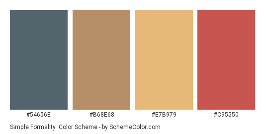 Simple Formality - Color scheme palette thumbnail - #54656E #B68E68 #e7b979 #C95550 