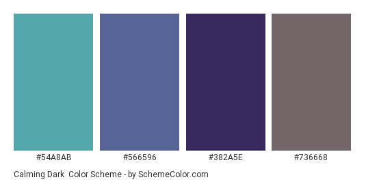 Calming Dark - Color scheme palette thumbnail - #54A8AB #566596 #382A5E #736668 