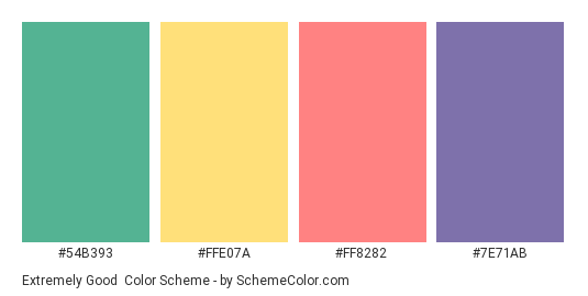 Extremely Good - Color scheme palette thumbnail - #54B393 #FFE07A #FF8282 #7E71AB 