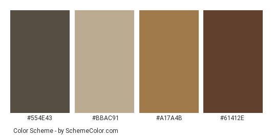 Wooden Spoons - Color scheme palette thumbnail - #554E43 #BBAC91 #A17A4B #61412E 