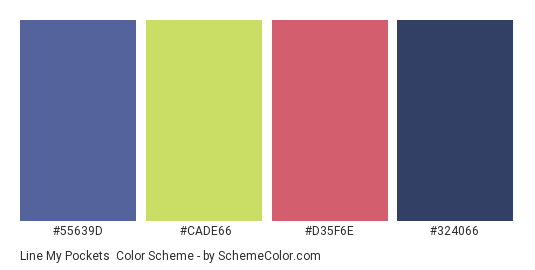 Line My Pockets - Color scheme palette thumbnail - #55639D #CADE66 #D35F6E #324066 