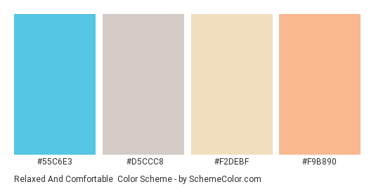Relaxed and Comfortable - Color scheme palette thumbnail - #55c6e3 #d5ccc8 #f2debf #f9b890 