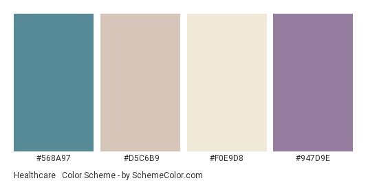 Healthcare #1 - Color scheme palette thumbnail - #568A97 #D5C6B9 #F0E9D8 #947D9E 
